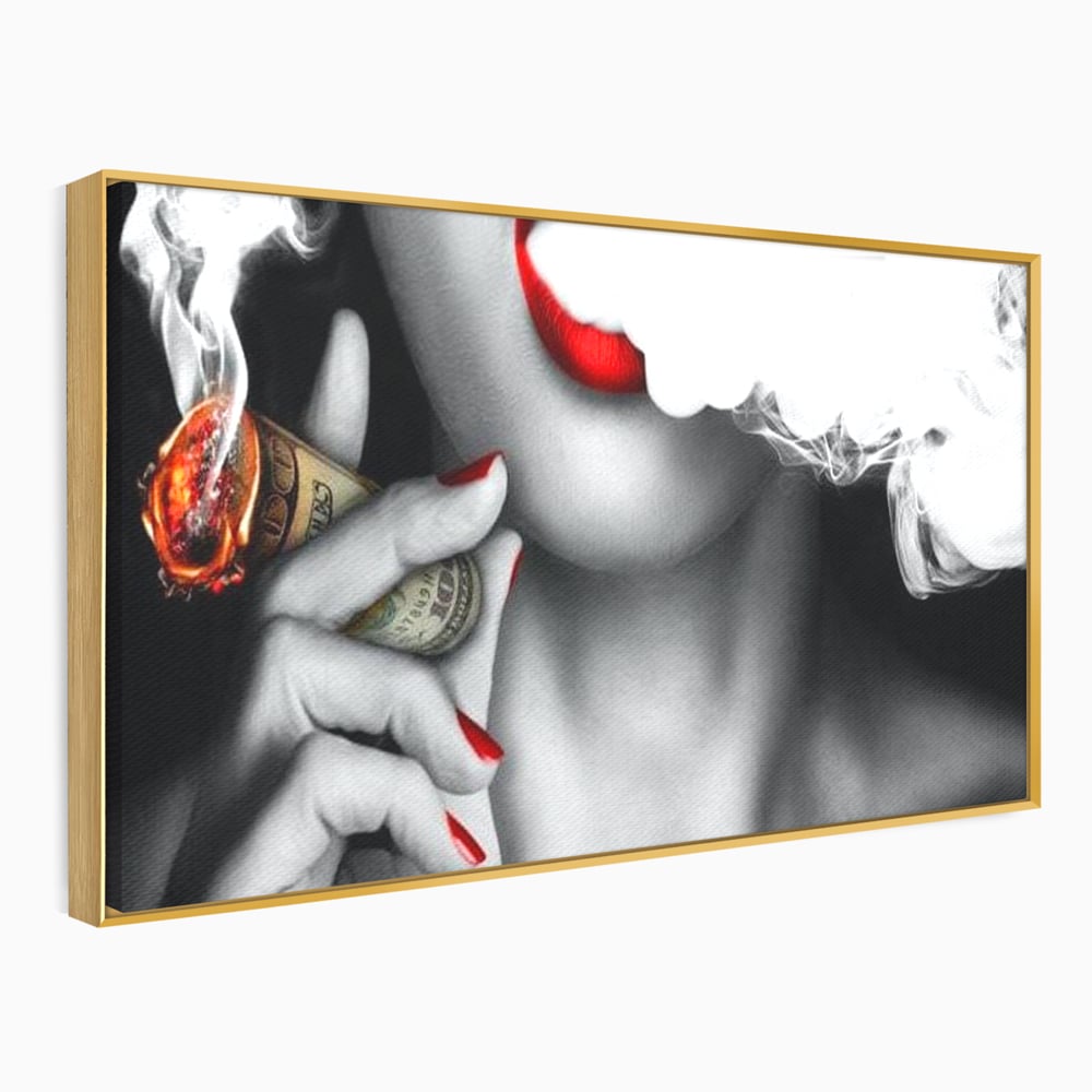 Tablou canvas cu tablou canvas cu buze rosii si tigara de bani, in rama de aluminiu auriu